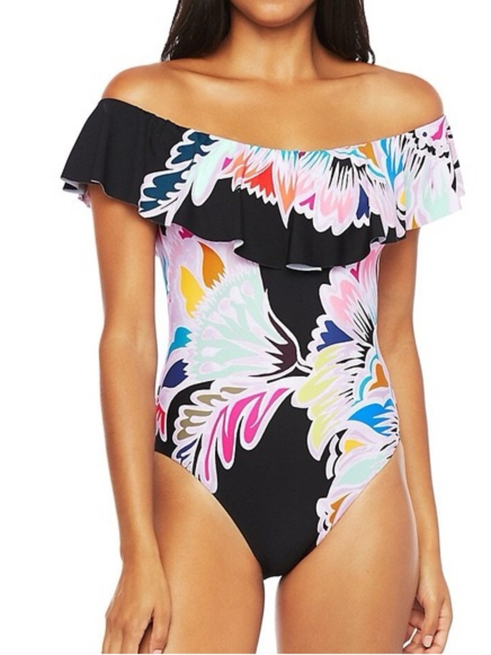 Trina Turk M/6 Off-Shoulder Floral Print One-Piece Swimsuit - Black Multicolor